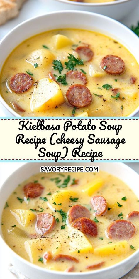 Enjoy a cozy night in with our Kielbasa Potato Soup, a cheesy sausage soup that's both easy to make and incredibly delicious! Loaded with potatoes and bursting with flavor, this creamy soup is a go-to recipe for cold weather. Savor each spoonful and warm your heart with this amazing dish! Cheesy Sausage Potato Soup, Japanese Clear Onion Soup Recipe, Kielbasa Potato Soup, Sausage And Potato Bake, Kielbasa Soup, Kielbasa And Potatoes, Sausage Potato Soup, Bean And Bacon Soup, Sausage Soup Recipes