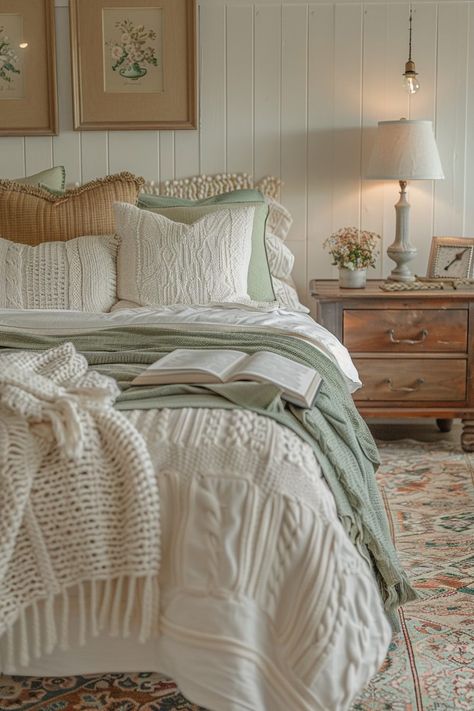 Sage Green Farmhouse Bedroom, Green Farmhouse Bedroom, Farmhouse Bedroom Inspirations, Sage Green Farmhouse, Tan Bedroom, Design A Bedroom, Green Farmhouse, Cozy Attic, Farmhouse Bedroom Ideas