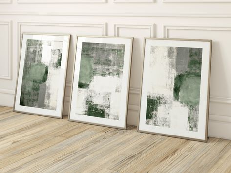 Green Abstract Set of 3 Prints, Abstract Art, Gallery Wall Set, Grey White, Living Room Decor, Bedroom, Painting Poster, Minimalist, Large by Aureous on Etsy Grey And Green Living Room, Green And Grey Living Room, Grey White Living Room, Diningroom Ideas, Sage Green Wall Art, White Living Room Decor, Bedroom Painting, Extra Large Art, Abstract Art Gallery