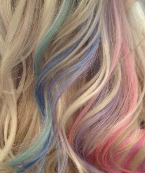 Brown Hair With Pastel Highlights, Blonde Hair Rainbow Highlights, Blonde Hair Pastel Highlights, Pastel Highlights On Dark Hair, Pastel Rainbow Highlights, Pastel Mermaid Hair, Pastel Hair Highlights, Pastel Hair Tips, Multicolor Highlights