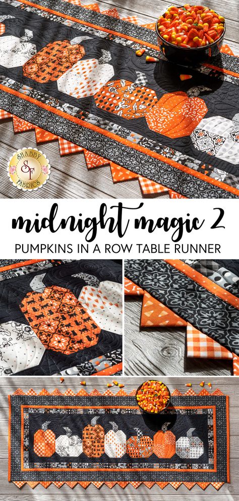 Halloween Sewing Projects, Halloween Quilt Patterns, Quilted Table Runners Christmas, Fall Quilt Patterns, Table Topper Patterns, Prairie Points, Patchwork Table Runner, Halloween Sewing, Halloween Table Runners