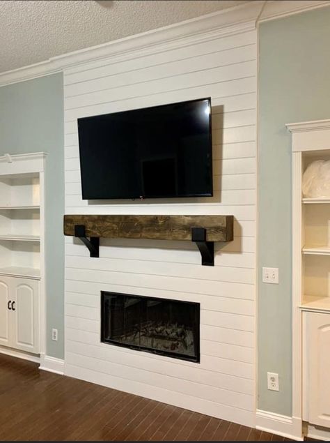 Flat Shiplap Fireplace Wall, Floating Fireplace Mantle Ideas, Faux Shiplap Fireplace, Fireplace Tv Stand Diy, Built In Around Fireplace, Fireplace Feature Wall, Faux Fireplace Mantels, Floating Fireplace, Rustic Basement