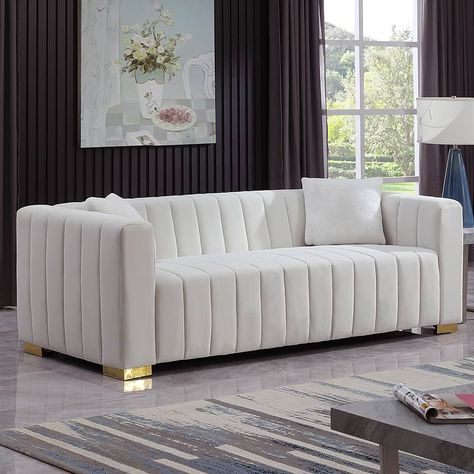 Amazon.com: GNIXUU Velvet sofa couch, 87” channel tufted 3 seater sofa couch with 2 Pillows, Square Arms & Gold Metal Legs for living room, bedroom, Apartment(White) : Home & Kitchen Settee Living Room, Organic Modern Interior, Luxury Living Room Inspiration, Retro Apartment, Living Room 2022, Open Living Room Design, Old Money House, Blush Decor, Relaxation Space