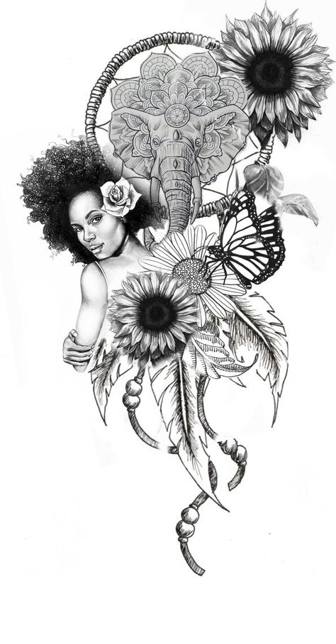 Side Stomach Tattoos Black Women, Warrior Women Tattoo Design, African Tattoos For Women Goddesses, Afro Fairy Tattoo, African Female Warrior Tattoo, Fairy With Afro Tattoo, Sunflower Goddess Tattoo, Ebony Goddess Tattoo, Dream Catcher Drawing Unique