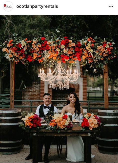 Mission Style Wedding Reception, Black Mexican Theme Wedding, Burnt Orange Mexican Wedding, Outdoor Mexican Wedding Ideas, Mexican American Wedding Theme, Dark Mexican Theme Wedding, Fall Mexican Wedding Colors, Wedding Centerpieces Mexican, Mexican Wedding Color Schemes