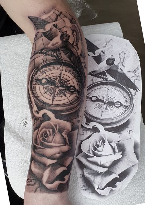 Compass And Rose Tattoo Design, Compass Tattoo Leg, Flower And Compass Tattoo, Compass And Rose Tattoo, Men Flower Tattoo, Compass Rose Tattoo, Anker Tattoo, Map Tattoos, Wind Rose