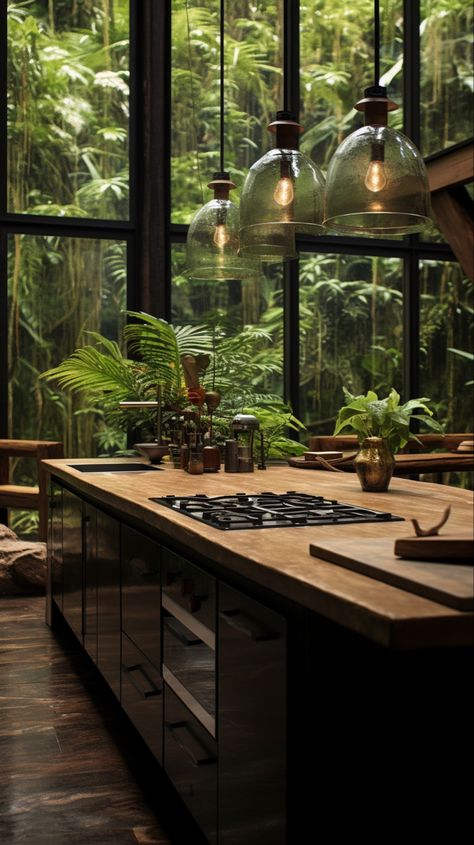 Rainforest House Design, Forest Cabin Modern Interior, Rainforest House Interior, Rainforest House Aesthetic, Nature Kitchen Aesthetic, Rainforest Interior Design, Biophilic Design Kitchen, Modern House Nature, Rainforest Kitchen