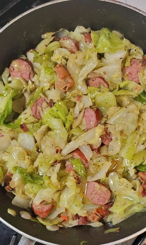 Paula Deen Family Kitchen | I cooked some good old fashioned cabbage with peppers, onion, sausage and bacon Sausage And Cabbage Skillet, Cabbage Sausage, Sausage And Cabbage, Cabbage Skillet, Chicken Sausage Recipes, Bacon Fried Cabbage, Cabbage And Sausage, Cabbage And Bacon, Cooked Cabbage