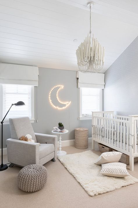 Chandelier For Nursery, Nursery Chandelier, Cool Chandeliers, Panel Ceiling, Parents Room, Baby Room Inspiration, White Panel, Nursery Decor Neutral, White Nursery