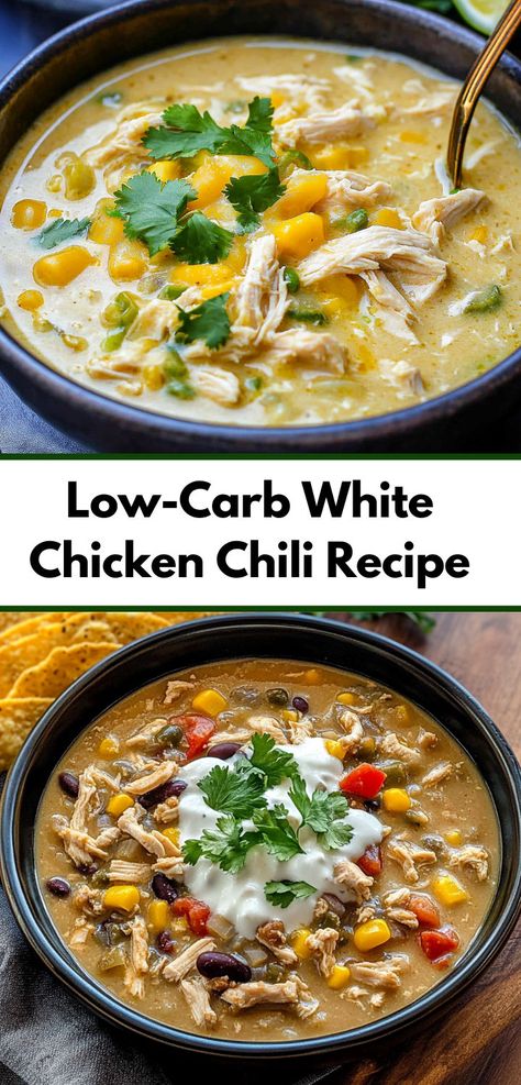 Looking for low carb recipes? Try this Low-Carb White Chicken Chili! A delicious low carb dinner that’s easy to make. Perfect for healthy chicken recipes, this chili recipe is ideal for dinner ideas and family meals. Chicken Recipes For Diabetics, Things To Make With Chicken, Dinner Ideas For Diabetics, Flavorful Chili Recipe, Chicken Marry Me, Recipes For Diabetics Type 2, Easy Chili Recipes, Low Carb Recipes For Dinner, The Best Chili Recipe