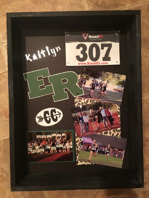 Cross country shadow box State Cross Country Gifts, Senior Night Posters Cross Country, Cross Country Senior Night Posters, Cross Country Senior Gifts, Cross Country Coach Gift Ideas, Cross Country Decorations, Cross Country Gift Ideas, Senior Boards, Cross Country Quotes