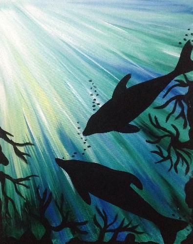 Dolphin Play at Level 20 Lounge Pittsburgh Paint Nite 04/16/2015 Brazilian Grill, Fox Hound, Dolphins Swimming, Pittsburgh Paint, Porch Paint, Blue Turtle, Inspired Painting, Paint Nite, Silhouette Painting