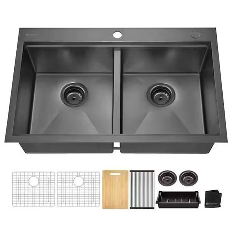 Black Stainless Steel Sink, Ledge Kitchen Sinks, Black Kitchen Sink, Drop In Kitchen Sink, Kitchen Technology, Nano Technology, Double Bowl Kitchen Sink, Double Bowl Sink, Glacier Bay