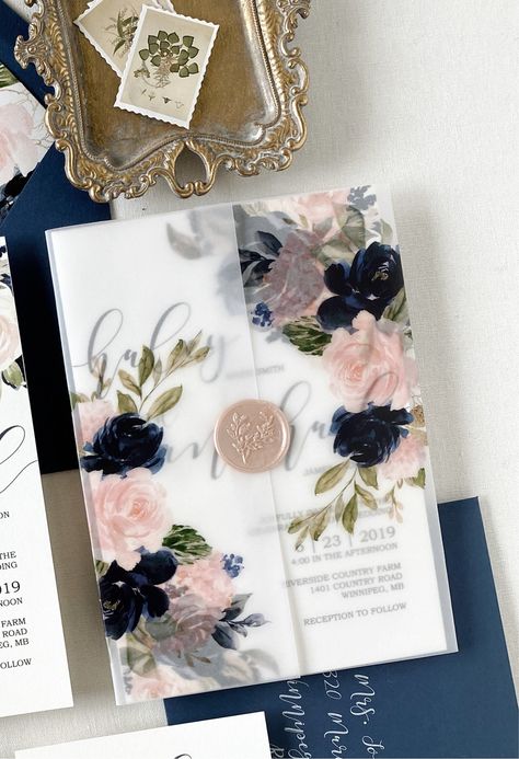 Beautiful Navy and Blush Floral Vellum Wrap Jacket for DIY Wedding Invitation A quantity of 1 is for 25 vellum wraps These translucent clear vellum jackets are 5x7 when folded and fit great in an A7 envelope! Can be purchased with wax seal as shown or add your own wax seal, ribbon, or other embellishments to elevate the elegance of your invitations!When you select without wax seal They are shipped flat, not folded. Navy Blue And Blush Pink Wedding, Navy Blush Gold Wedding, Navy Blue And Pink Wedding, Wax Seal Ribbon, Dusty Rose Wedding Theme, Navy Wedding Theme, Navy And Blush Wedding, Blush And Navy Wedding, Navy Blush Weddings