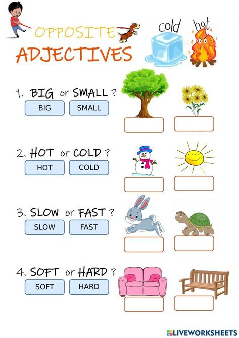 Opposite adjectives Adjectives For Kids, Opposites For Kids, English Language Activities, Primary School Activities, Adjectives Worksheet, English Primary School, School Live, Adjective Worksheet, English Grammar Book