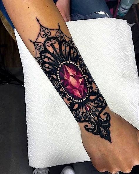 UK tattoo ideas. Gem stone ideas, lace tattoos, pearl tattoos color tattoos girls with tattoos. Dodie Tattoo, Voll Arm-tattoos, Gem Tattoo, Jewel Tattoo, Forearm Tattoo Design, Geniale Tattoos, Lace Tattoo, Tattoo Me, Tattoo Feminina