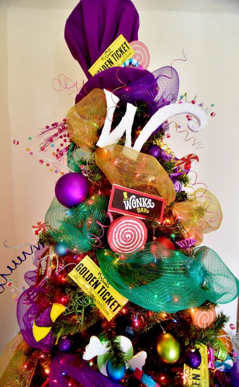 Our Christmas Tree Willy Wonka Charlie And The Chocolate Factory Christmas Tree, Wonka Christmas Decorations, Work Christmas Tree Ideas, Funny Christmas Tree Themes, Chocolate Christmas Tree Decorations, Willy Wonka Tree, Willy Wonka Christmas Decorations, Willy Wonka Christmas Tree, Wonka Christmas Tree