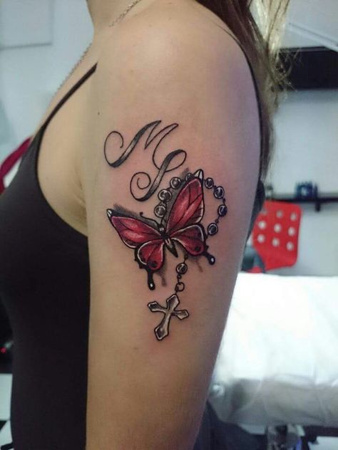 Tattoo red butterfly rosario lettering Butterfly Rosary Tattoo, Roseary Tattoo, Mama Tattoo, Rosary Tattoo, Butterfly Back Tattoo, Tattoo Red, Butterfly Sketch, Rick Savage, Vine Tattoos