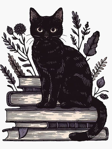 Witchy Black Cat, Cat And Flowers, Cats And Books, Black Cat Sticker, Cat Tattoo Designs, Book Wallpaper, Unique Cats, Cat Stickers, Cat Tattoo