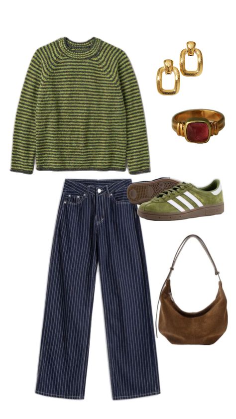 Knit jumper, striped jeans, dark denim, gold earrings, suede bag, sneakers, trainers, green outfit, fall outfit, cosy outfit, autumn outfit, green clothes, green jumper Sage Green Sweater Outfit, Stripe Jumper Outfit, Green Button Down Shirt Outfit, Striped Jumper Outfit, Green Outfit Fall, Green Jumper Outfit, Stripped Pants Outfit, Green Jeans Outfit, Green Sweater Outfit