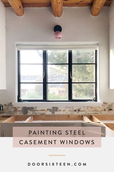 I gave the original steel casement window in my 1950 kitchen a makeover with lots of prep and black oil paint Paint Inside Window Frame, 1950s Windows, Southwest Interior Design, 1950 Kitchen, Southwest Interior, Jalousie Window, Metal Window Frames, Window Restoration, Metal Windows