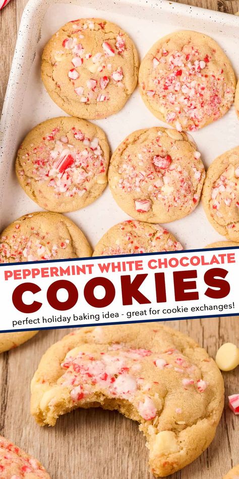 White Chocolate Peppermint Cookies - The Chunky Chef Cookies With Andes Peppermint Chips, White Chocolate Mint Cookies, Peppermint Chips Recipes, Starlight Mint Surprise Cookies, Peppermint White Chocolate Cookies, Soft Christmas Peppermints, Peppermint Crunch Cookies, Peppermint Cookies Recipe, White Chocolate Peppermint Cookies