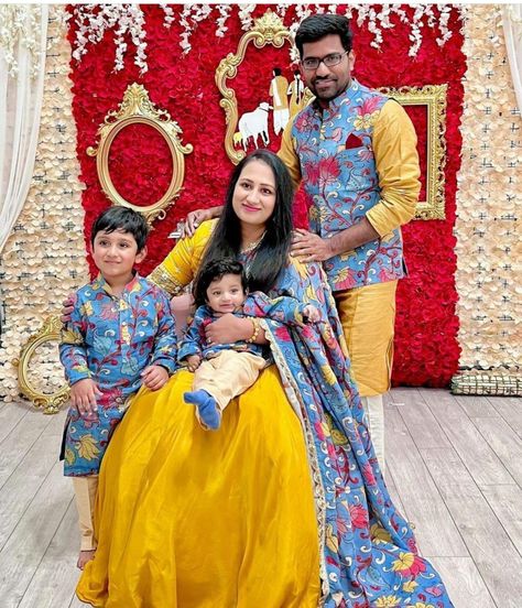 Family Outfits For Pictures Indian, Mom And Son Dresses Indian, Same Family Dress Indian, Mom And Son Twinning Outfits Indian, Cradle Ceremony Matching Outfits, Family Same Dress Indian Wedding, Family Indian Outfits, Matching Indian Outfits For Family, Birthday Family Outfits Indian