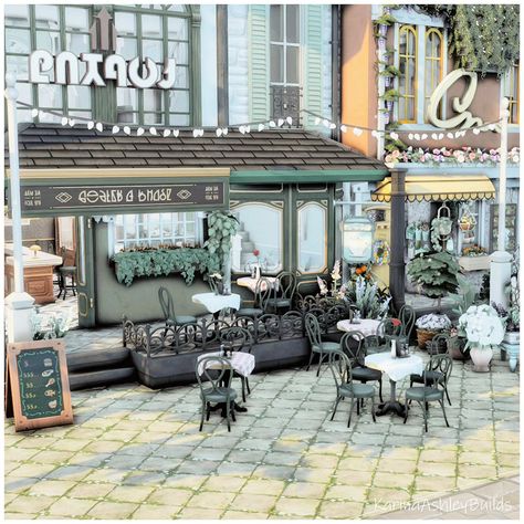 Little Bistro Street. #ad #eapartner Library, Bistro, café, flower shop and apartment above the flower shop. 30x20 $194,886 Disclaimer: Thanks to the #eacreatornetwork I receive free codes and early access to the sims4. I am not being paid to create any content unless otherwise stated. Game: @thesims @ea Gallery ID: KarinaAshleyYT – You can also search ”#KarinaAshley” or download trayfiles here: https://ko-fi.com/s/cc965b9640 𝙀𝙭𝙥𝙖𝙣𝙨𝙞𝙤𝙣 𝙥𝙖𝙘𝙠𝙨 𝙪𝙨𝙚𝙙: For Rent Horse Ranch Growing Togethe... Sims 4 Cafe Layout, Sims 4 Bistro, Sims 4 Cafe, Patio Cozy, Study Cafe, Small Cafe, Save File, Sims House Plans, Horse Ranch