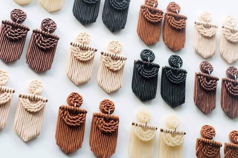 Polymer Clay And Macrame, Polymer Clay Macrame, Macrame And Clay Earrings, Macrame Clay Earrings, Macrame Polymer Clay Earrings, Polymer Clay Wall Decor, Clay Earrings With Charms, Clay And Bead Earrings, Clay Macrame