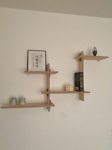 minimal japanese / scandanavian inspired wooden wall shelf Japandi Wall Shelf, Japandi Shelf, Japanese Shelves, Japanese Shelf, Japanese Bookshelf, Wood Bookshelf Wall, Clinic Decor, Wooden Wall Shelf, Wall Shelves Bedroom