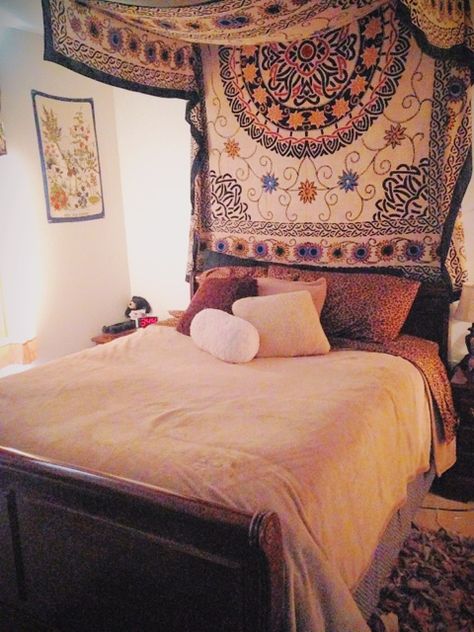 The tapestry over my bed.  DIY bed canopy Tapestry Canopy, Mandala Tapestry Bedroom, Dreamy Patio, Ceiling Tapestry, Bedroom Things, Wood Canopy Bed, Hotel Canopy, Idea Bedroom, Canopy Bed Diy