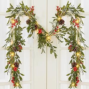 Garland Above Kitchen Cabinets, Lighted Christmas Garland, Stairs Indoor, Flocked Garland, Olive Wreath, Christmas Shower, Christmas Window Decorations, Pine Cone Decorations, Outdoor Decorations