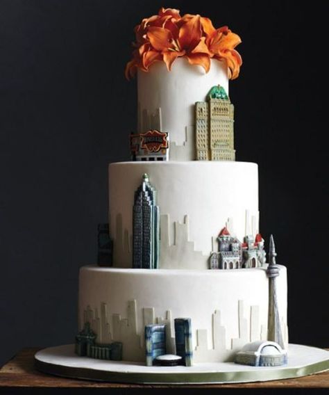 28 Beautiful Travel Themed Wedding Cakes - Weddingomania Travel Wedding Cake, Building Cake, Chocolate Hazelnut Cake, City Cake, Travel Cake, Wedding Concept, Wedding Cake Flavors, Chocolate Wedding Cake, Wedding Cakes Blue