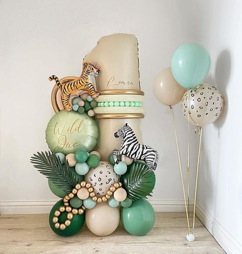 Jungle Birthday Balloons, Wild One Balloon Bouquet, Safari Balloon Columns, Wild One Balloon Decor, Wild One Balloons, One Balloon 1st Birthdays, Safari Balloon Decorations, Balloon Over Broadway, Balloon Arch Birthday Party