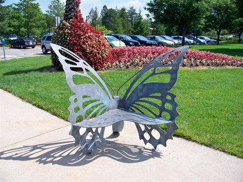 Butterfly Bench Butterfly Bench, Wall Hanging Fireplace, Creative Chair, Napoleon Fireplace, Hanging Fireplace, Metal Garden Benches, Welded Furniture, Metal Outdoor Furniture, Sensory Garden