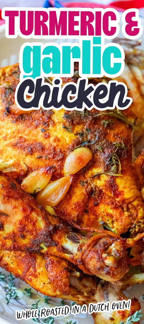 Garlic Turmeric Roasted Chicken - main dishes #maindishes Tumeric Chicken Recipes, Garlic Chicken Crockpot, Chicken Thighs In Oven, Whole Baked Chicken, Cooking With Turmeric, Roasted Garlic Chicken, Poultry Dishes, Turmeric Recipes, Whole Roasted Chicken