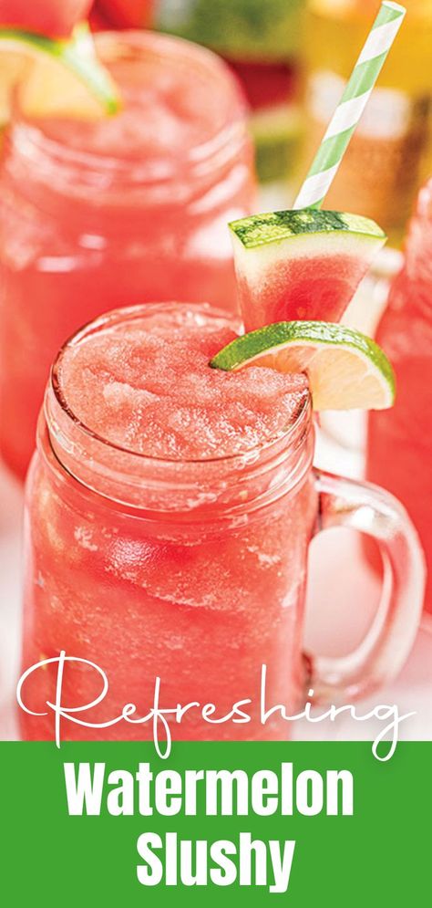 Glass mason jar cup with handle filled with pink slush, with a slice of lime and watermelon on the top edge of the cup, and a green and white striped straw. Watermelon Slushies, Watermelon Slushy, Hawaiian Ideas, Watermelon Slushie, Stay At Home Chef, Frozen Watermelon, Coffee With Alcohol, Summer Drink Recipes, Cut Watermelon