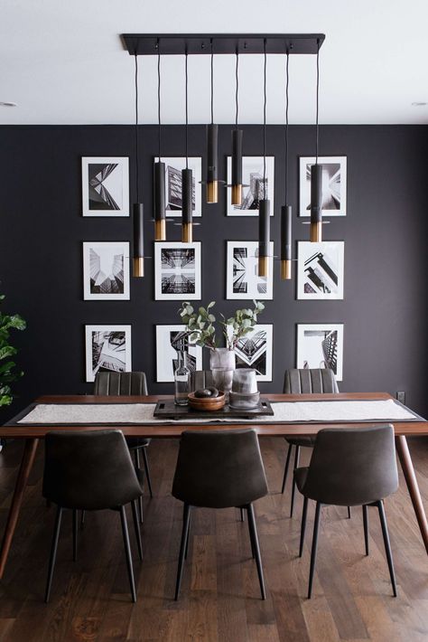 Moody Dining Room  This moody dining room creates the perfect space for entertaining and socializing. The textures, tones and dark colours in this space all encapsulate that moody feeling. Small Dining Room Interior Design, Black Accent Wall Dining Room Modern, Modern Dark Dining Room, Moody Small Dining Room, Black Dining Room Wall, Dining Room Moody, Dark Dining Room Ideas, Moody Dining Room Ideas, Bold Dining Room