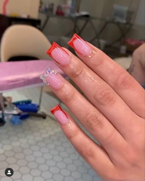 Short Red Birthday Nails, Short Cute Red Nails, Red Valentines Day Nails Acrylic Short, Short French Tip Designs, Red Short Acrylic Nails, Short Purple Nail Designs, Short Red Nails Design, Short Nails Red, Red Short Nails