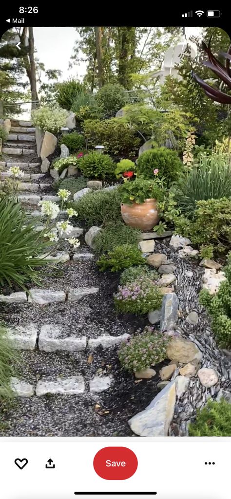 Stairs For Steep Hill, Rural Landscaping Ideas, Hill Garden Ideas, Small Hill Landscaping Ideas, Sloped Side Yard Landscaping, Garden Stones Landscape, Steep Hill Landscaping Ideas, Stairs In Garden, Front Yard Hill Landscaping