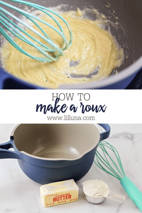 Roux are often used as a thickening agent when making sauces. Learn how to make a roux with these step-by-step directions! #roux #howtomakearoux #makearoux Almond Flour Roux Recipe, How To Make A Roux For Shrimp And Grits, How To Make A Roux For Mac And Cheese, How To Make A Roux For Gravy, Basic Roux Recipe, Roux Recipe, Kitchen Help, Easy Delicious Recipes, Easy Lunches