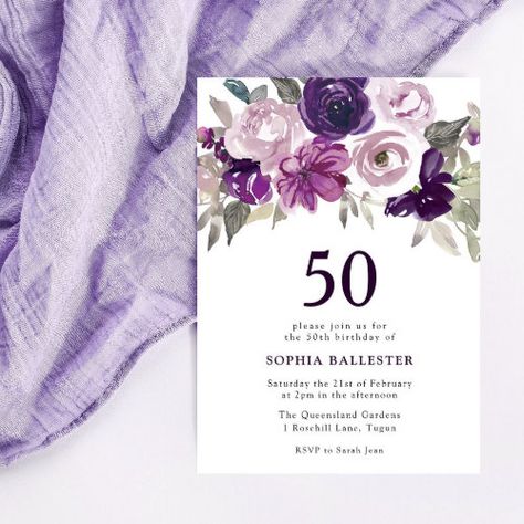 Purple Birthday Invitations, 50th Birthday Themes, 50th Birthday Invitation, 50th Birthday Party Decorations, Floral Birthday Party, 50th Birthday Invitations, Purple Birthday, Floral Birthday, Purple Watercolor