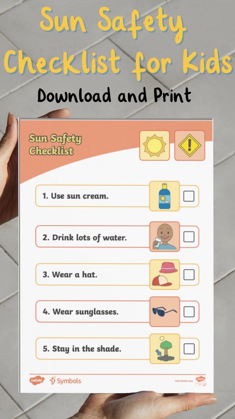 This checklist is useful for supporting pupils to stay safe in the sun. It uses symbols as a visual checklist, to prompt pupils to wear sun cream, drink water and stay in the shade. This checklist promotes independence and self-help skills. Sun Safety Activities, Feelings Activities Preschool, Notebook Label, Safety Activities, Checklist For Kids, Summer Lesson, Notebook Labels, Safety Checklist, Feelings Activities