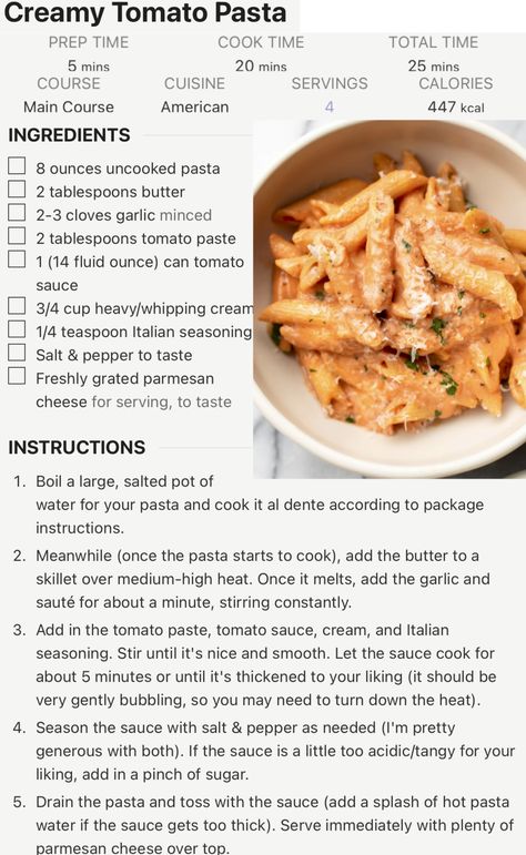 Heavy Whipping Cream Pasta Sauce, Creamy Cheese Pasta Recipes, How To Make Pasta Sauce, No Cheese Pasta, Easy Pasta To Make, Pasta Recipes Tomato Sauce, Easy Cheese Pasta, Tomato Paste Pasta Sauce, Creamy Tomato Pasta Recipes