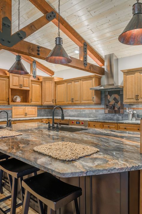 Fusion Granite Countertops, Cool Kitchen Countertops, Cabin Countertop Ideas, Gray Countertops Brown Cabinets, Granite Island Countertops, Quartz Countertops With Hickory Cabinets, Granite Countertops With Natural Wood Cabinets, Countertop Ideas For Oak Cabinets, Quartz Kitchen Countertops With Oak Cabinets