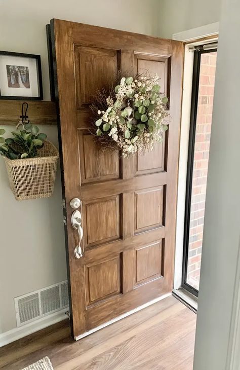 Wood Color Front Door, White House Front Door Color, Wood Look Front Door, Faux Wood Front Door, Door Colors For White House, Mobile Home Front Door, Brown Front Door, Stained Front Door, Mobile Home Doors