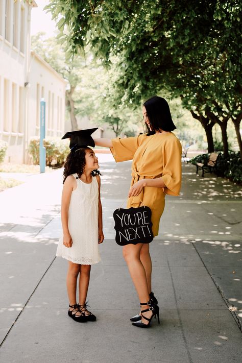 Graduation Pictures Mom And Daughter, Graduation Mom And Daughter, Graduation Pictures With Younger Sibling, Wgu Graduation Pictures, Siblings Graduation Photo Ideas, Mom And Daughter Graduation Photo Ideas, Grad Photoshoot With Family, Grad Pics With Kids, Mommy Graduation Pictures