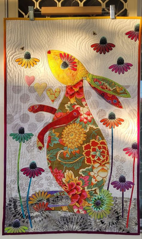 Whimsical Quilts Patterns, Picture Fabric Quilt, Collage Quilting Ideas, Collage Quilts Ideas, Appliqué Quilt Patterns, Small Quilts Projects Wall Hangings, Spring Quilts Ideas, Laura Heine Collage Quilts, Bunny Quilts