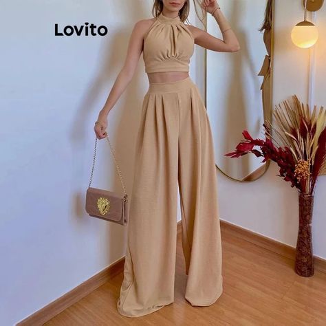 High Waisted Loose Pants, Wide Leg Pant Suit, Sleeveless Suit, Two Piece Pants Set, Loose Trousers, Tie Crop Top, Women Halter, Casual Sets, Casual Style Outfits