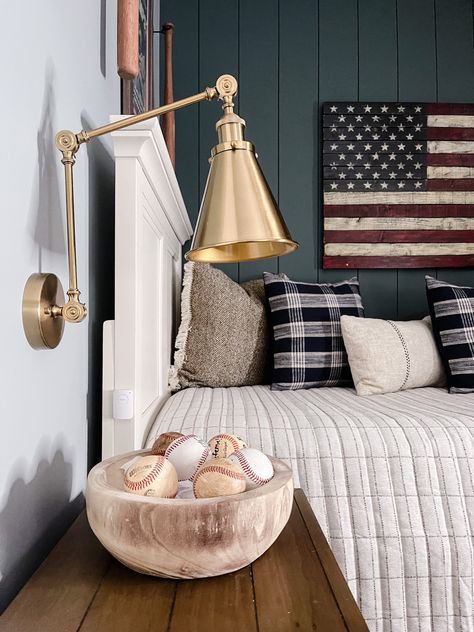 Boys Americana Bedroom, American Flag Boys Room, Americana Boy Room, Vintage Baseball Bedroom, Boys Room Farmhouse, New England Style Bedroom, Boys Baseball Bedroom, Americana Room, Americana Bedroom